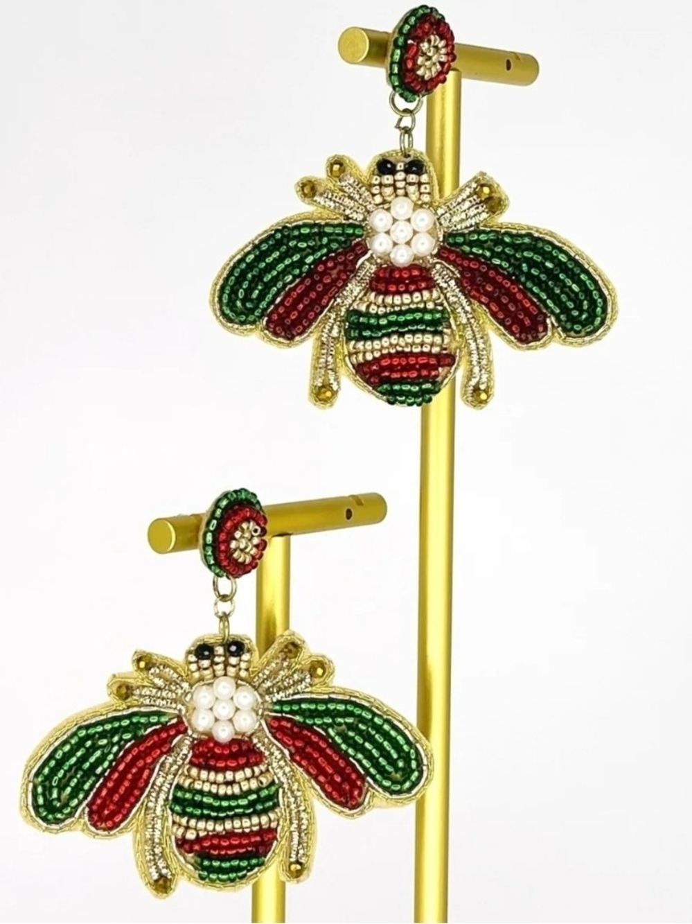 Gold-Tone Beaded Bee Drop Earrings in Green & Red 20 NEW